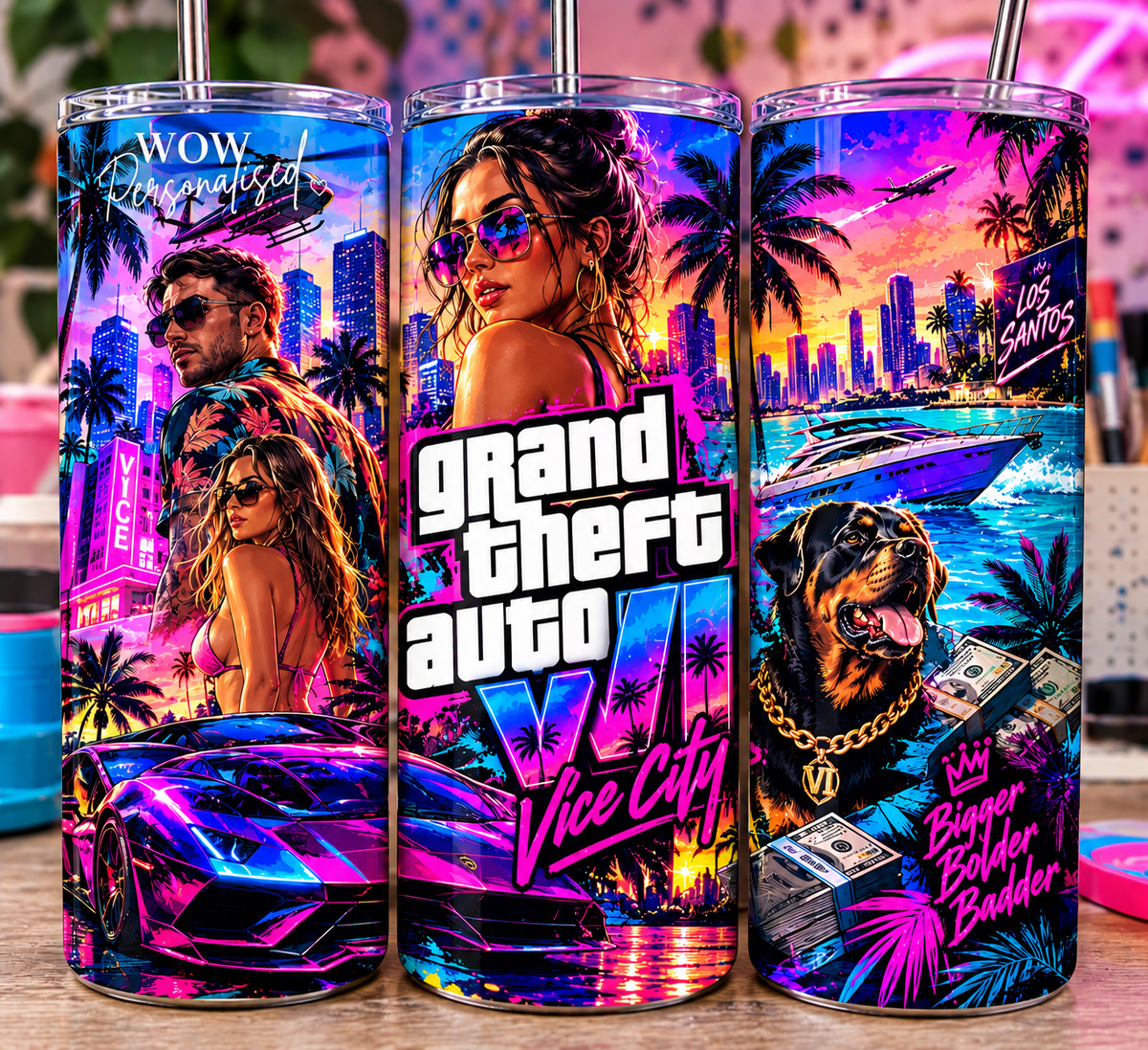 GTA 6 Inspired 20oz Skinny Tumbler | Grand Theft Auto VI Vice City Gaming Cup | Gamer Gift with Straw