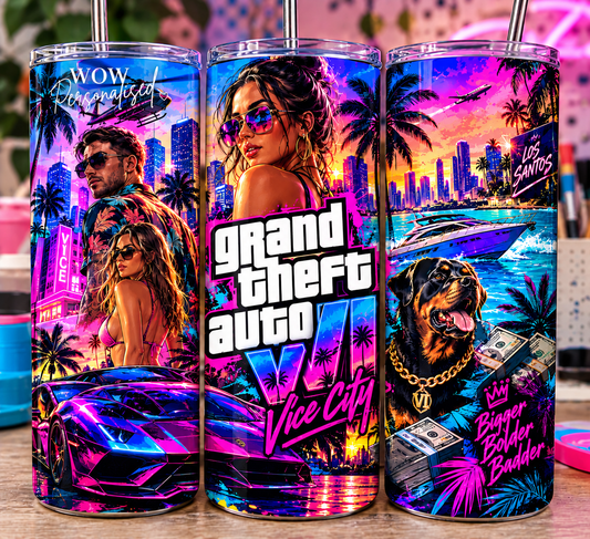 GTA 6 Inspired 20oz Skinny Tumbler | Grand Theft Auto VI Vice City Gaming Cup | Gamer Gift with Straw