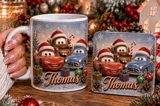 Personalised Christmas Cars Mug & Coaster Set | Lightning McQueen & Mater Inspired Festive Gift