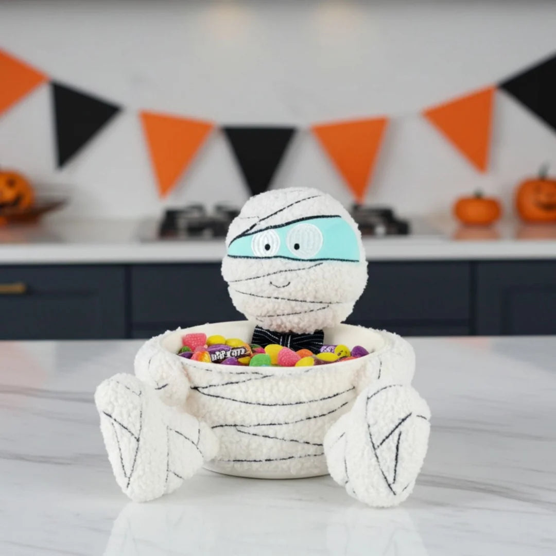 Halloween Mummy Plush Figure Bowtie Candy Holder Treat Bucket Bowl