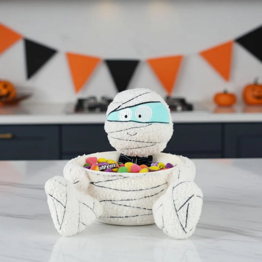 Halloween Mummy Plush Figure Bowtie Candy Holder Treat Bucket Bowl