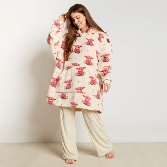 Harry The Highland Cow Hoodie Blanket - Cream