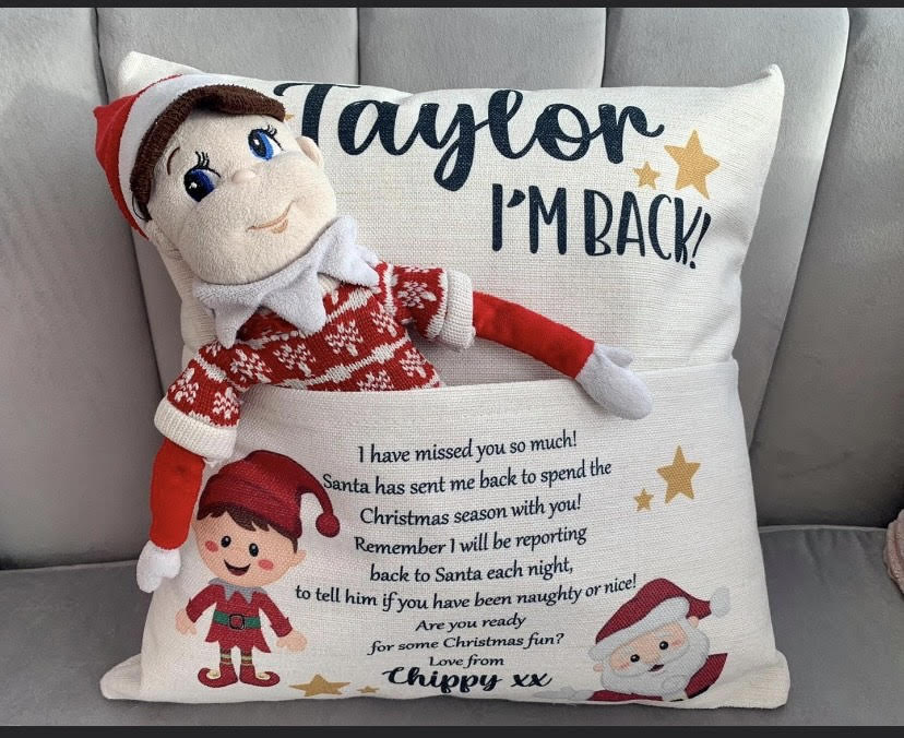 Personalised Elf Return Cushion – Christmas Eve Elf Pillow with Custom Name